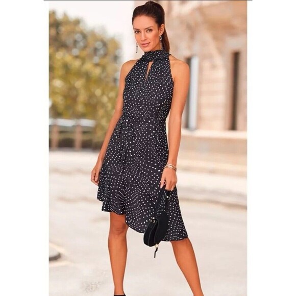 Lascana Dress Sz 14 Asymmetrical Dot Print Halter Neckline Black Sleeveless NWT - Picture 1 of 5